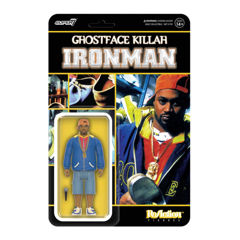 Super 7's Ghostface Killah ReAction - Ironman figure in packaging, themed around his "Ironman" album, featuring the artist in a blue outfit and gold jewelry.