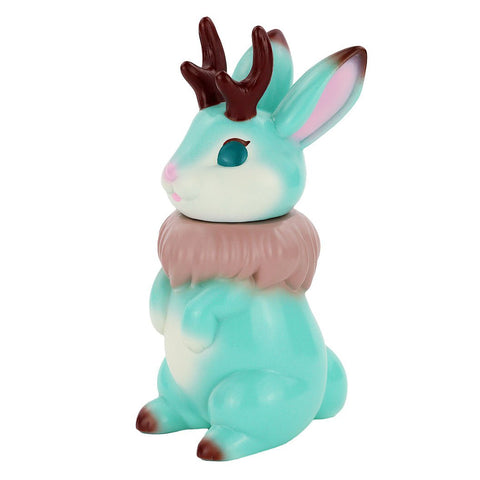 The Jackaron — Mint Chocolate by Konatsuya (JP) is a mint and white sofubi rabbit figurine with antlers, inspired by the Jackalope. It stands upright on its hind legs and features a fluffy brown ruff around its neck.