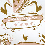 An illustration of a bear riding a hot dog skateboard, inspired by Jeremy Fish, featuring the Abe Froman Sausage King Screen Print by Jeremy Fish from Rotofugi (US).