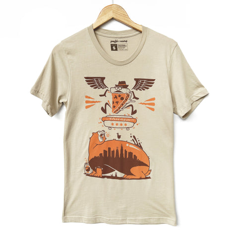 A Abe Froman Sausage King Unisex Tee featuring the image of a pizza and a bird, created by Jeremy Fish, from Rotofugi (US).