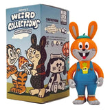 A cartoon rabbit in blue overalls stands beside the 