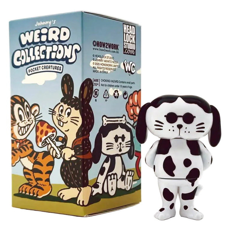 A spotted dog figurine stands beside a colorful 