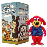 A red cartoon dog figurine in a blue striped shirt stands beside a Johnny's Weird Collection Pocket Creatures Blind Box by How2Work, featuring playful animal illustrations.