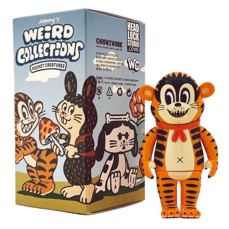 The How2Work Johnny's Weird Collection Pocket Creatures Blind Box features a cartoon tiger toy figure displayed beside packaging decorated with playful pocket creatures and other cartoon animal characters.