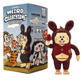 A brown animal-themed toy figure stands beside a colorful box labeled 