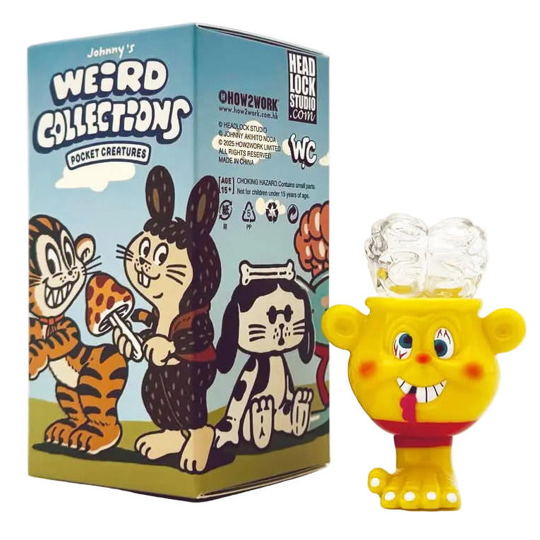 A yellow toy figure with bubble shapes on its head stands beside a colorful Johnny's Weird Collection Pocket Creatures Blind Box by How2Work, featuring cartoon animals and designed by Johnny Akihito Noda.