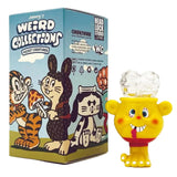 A yellow toy figure with bubble shapes on its head stands beside a colorful Johnny's Weird Collection Pocket Creatures Blind Box by How2Work, featuring cartoon animals and designed by Johnny Akihito Noda.