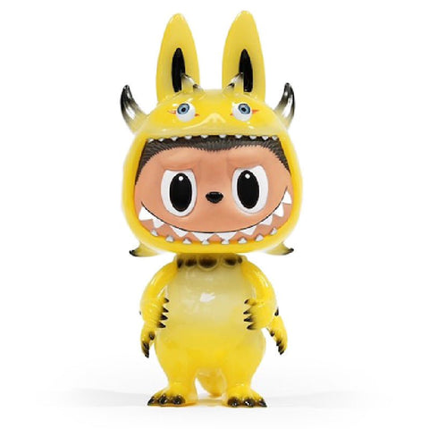A small Labubu Rangeas SS figurine by How2Work (HK) depicting a character dressed in a bright yellow monster costume with pointed ears, large eyes, and a toothy grin.
