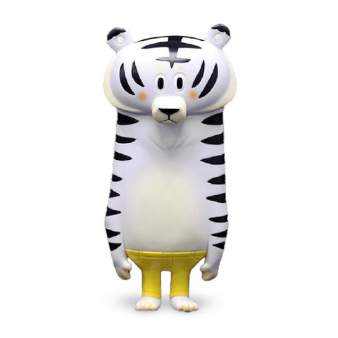 Cartoon tiger character standing upright with a round head, black stripes, and yellow pants on a white background. Introducing Lee-Hu — White by How2Work (HK).