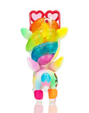A colorful unicorn figure with a rainbow-striped mane and tail, pink hooves, and a red heart-shaped handle on its head sparkles with a holographic shine. Shown from the back on a white background, this enchanting Tokidoki - Pride Lulu Special Edition Figure from tokidoki glimmers with magic.