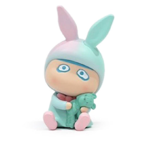 A How2Work (HK) Mini A-Boy — Say My Name with a pastel rabbit hat, blue eyes, and pink shoes holding a green teddy bear.