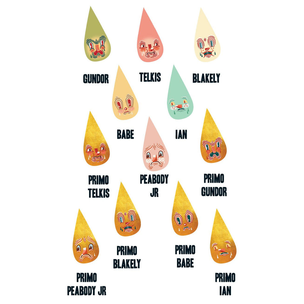 Illustration of sixteen animated Tear Drips with various expressions and colors, each labeled with names like Gundor, Telkis, Babe, and Ian, reminiscent of Squibbles Ink + Rotofugi (US) Mini Driplets — Primo & Plebe Blind Box.