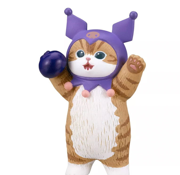 A Mofusand x Sanrio Series 2 figurine by Kitan Club (JP) features a standing brown and white cat in costume, wearing a purple hat with ear-like points and holding a round dark object in its left paw.