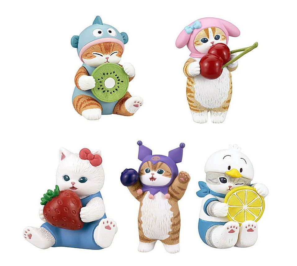 The Mofusand x Sanrio Series 2 Capsule-Set of 5 by Kitan Club (JP) features adorable cat figurines with fruits—kiwi, cherries, strawberry, grapes—and a duck with a lemon slice. A charming pick for fans of cat dress-up fun!.