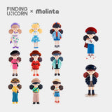 Twelve Molinta Retro Girls Blind Box figurines by Finding Unicorn are arranged in three rows, each as a stylish girl with colorful outfits and accessories, set on a white background with the brand name above.
