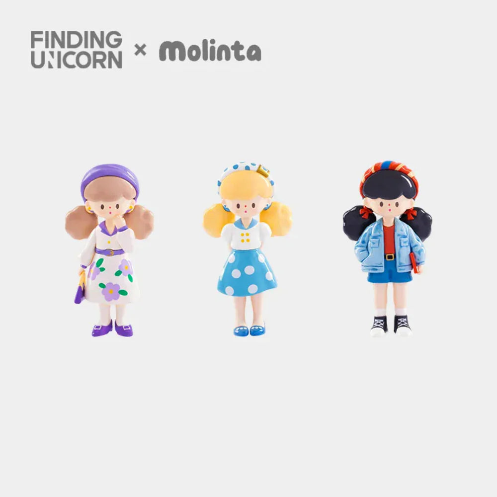 Three Molinta Retro Girls Blind Box figurines by Finding Unicorn are showcased in colorful outfits against a white background, highlighting this unique collectible series.