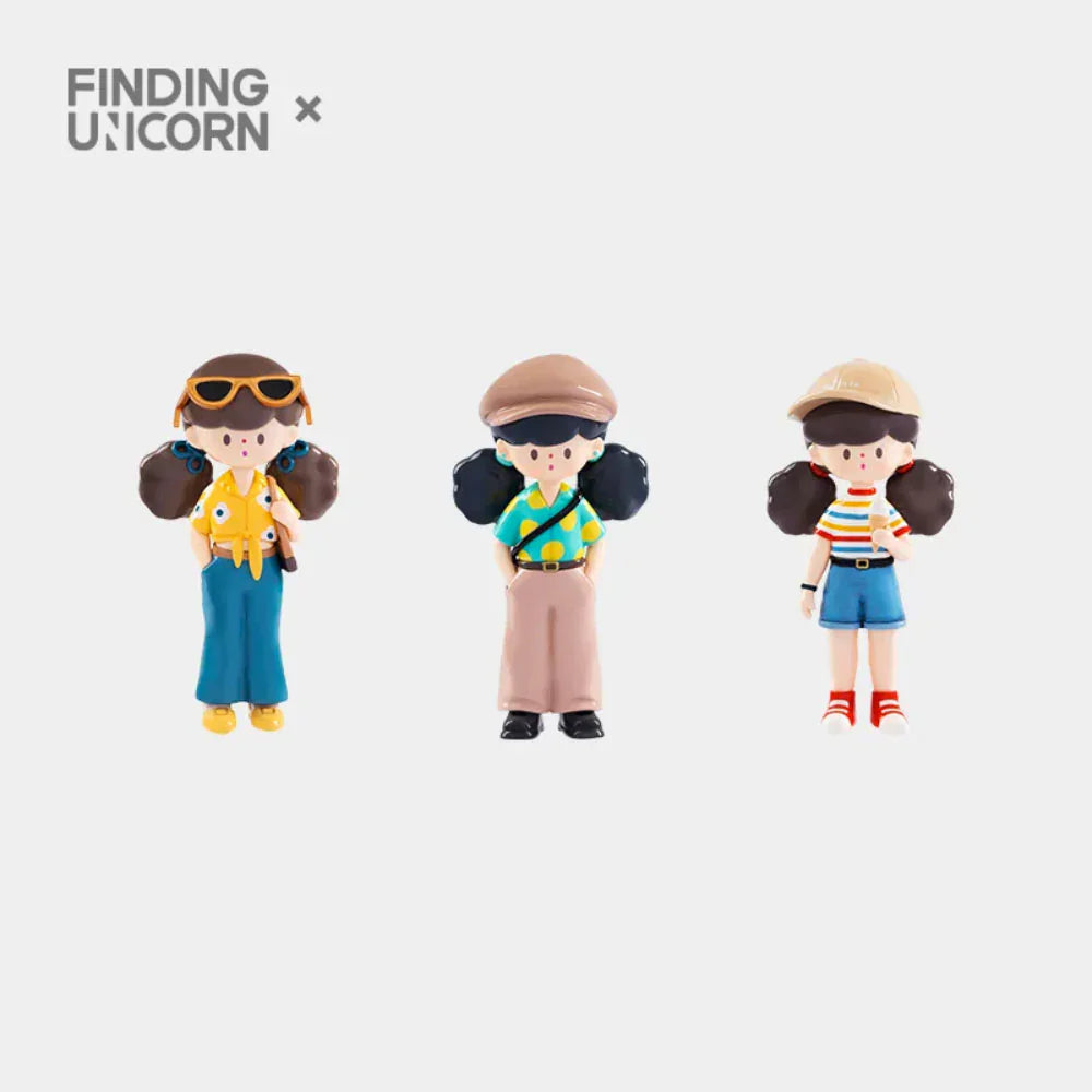 Three Molinta Retro Girls Blind Box figurines by Finding Unicorn, each in stylish outfits, stand side by side on a white background—an ideal addition to any collectible series.
