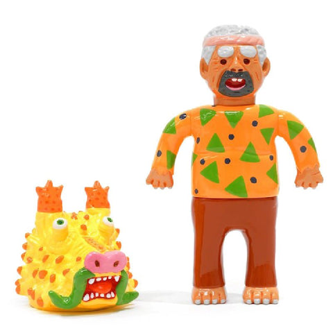 A colorful toy figurine of a man wearing an orange outfit with green triangles stands next to a brightly colored, cartoonish About Animals Motoyoshi Taiga - Dragon 2nd by Paradise Toy (TW).