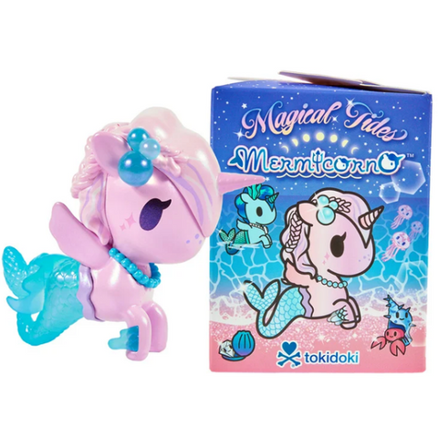 A pink and blue Magical Tides Mermicorno Tokidoki figurine, brimming with ocean-inspired charm, sits beside a vibrant box adorned with underwater-themed artwork and the tokidoki logo—an ideal collectible for fans of whimsical adventures and the beloved mermicorno blind box series.