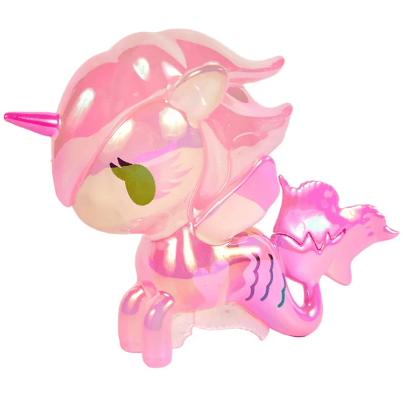 A glossy pink toy figure from tokidoki’s Magical Tides Electra Mermicorno Special Edition, featuring a unique unicorn-mermaid design with a horn, fin-like wings, green eyes, and a mermaid fishtail.