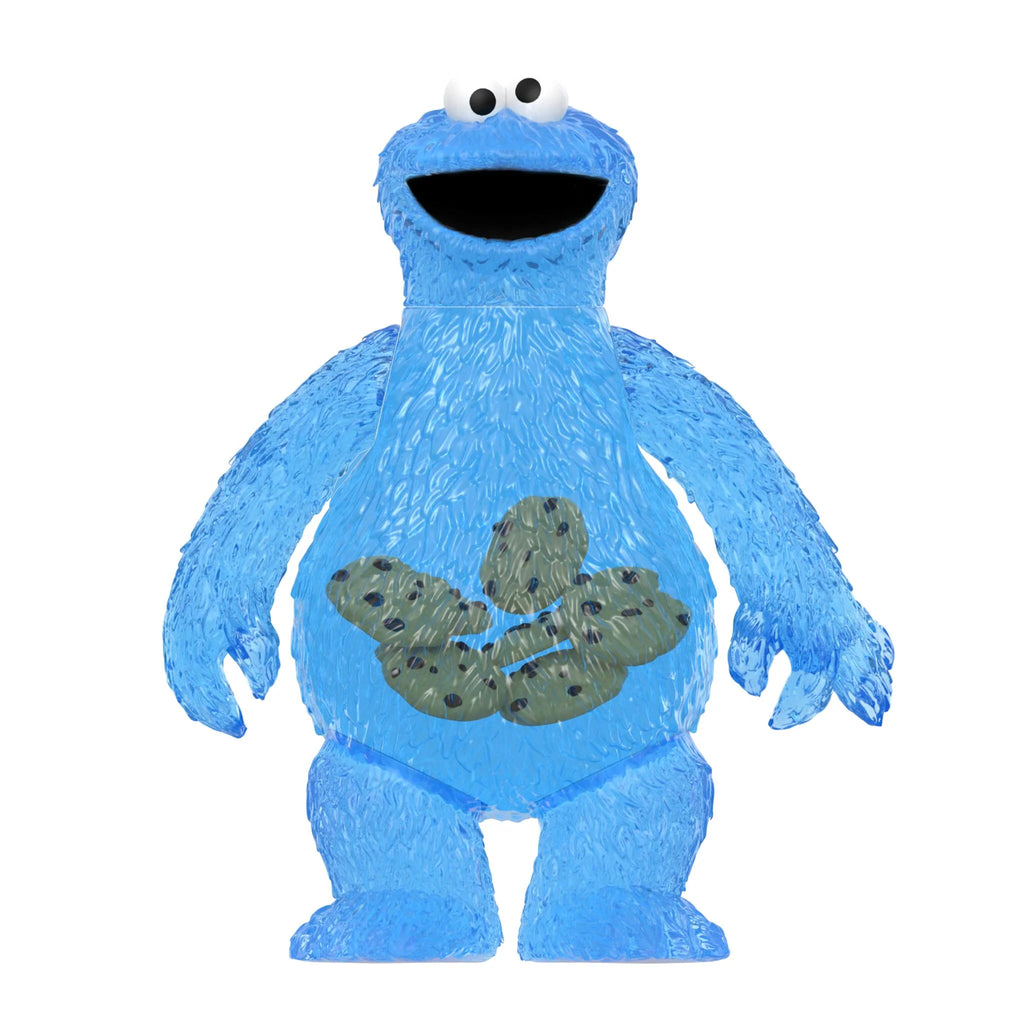 This Sesame Street Series 1 Super 7 Blind Box by Super 7 (US) features a blue furry character with googly eyes, an open mouth, and visible chocolate chip cookies in its belly. With its playful and animated appearance, it is the perfect addition for fans of collectible toys or ReAction Figures enthusiasts.