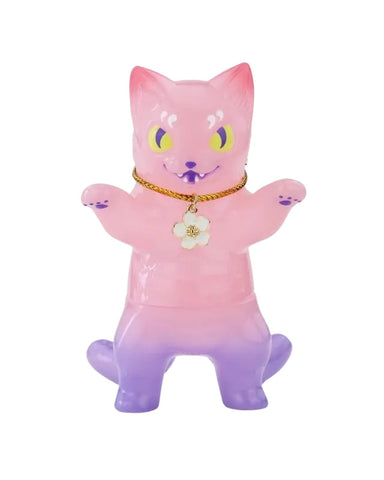 Negora — Night Sakura by Konatsuya: A pink and purple cat figurine with yellow eyes, raised arms, and a gold necklace with a white flower charm—ideal for cherry blossom or glow-in-the-dark Negora fans.