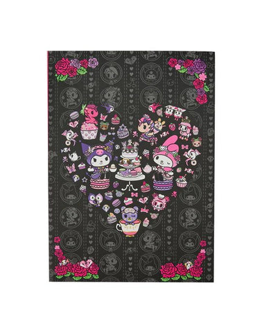 A Tokidoki x Kuromi & My Melody Garden Party Notebook featuring a heart shape made of colorful cartoon characters and sweets, including beloved My Melody and Kuromi designs, with additional character portraits and rose motifs at the edges, reminiscent of the whimsical style of Tokidoki.