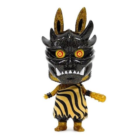 A How2Work (HK) Oni Labubu with a black, horned, and grinning mask featuring red and yellow eyes, wearing a yellow and black striped outfit.