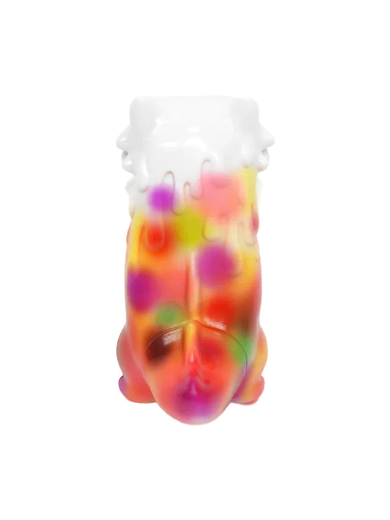 Byron — Orange Dots by The Little Hut (HK) is a small, colorful Kaiju-inspired figurine with a melting white top, face details, and vivid purple, yellow, orange, and red hues on a white base.