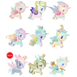 Ten pastel-colored collectible unicorn figures from the tokidoki Pixie Dust Fairy Unicorno Blind Box series, each with distinctive wings, horns, and accessories, are arranged in rows. The bottom left figure has a red circle labeled “Chaser” beside it.