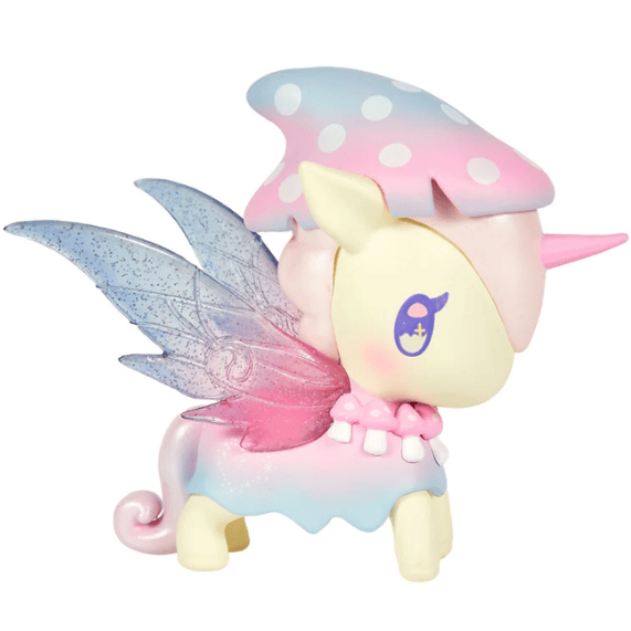 Discover the tokidoki Pixie Dust Fairy Unicorno Blind Box—a pastel-hued collectible toy adorned with glittery wings, a pink horn, and a whimsical mushroom cap hat sprinkled with white spots. Inspired by the enchanting Pixie Dust Fairy Unicorno series, this charming figure displays large purple eyes and heart-shaped accents in soft pink, blue, and cream tones—making it the perfect Blind Box surprise for any collector.