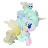 A whimsical unicorn figurine from the tokidoki Pixie Dust Fairy Unicorno Blind Box features pastel colors, translucent yellow wings, a blue crescent moon and stars on its face, and a small blue bug on its head. Inspired by fantasy themes, this collectible is perfect for any Blind Box enthusiast.