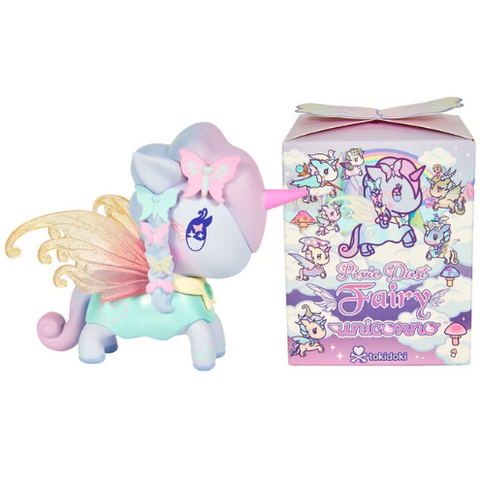 The Pixie Dust Fairy Unicorno Blind Box by tokidoki features a charming, pastel-hued unicorn toy with golden fairy wings, displayed beside its decorative box adorned with illustrations of matching unicorn characters and the “Pixie Dust Fairy Unicorno” label. Ideal for collectible toy enthusiasts, this enchanting figure is part of tokidoki’s Blind Box series, adding an element of magical surprise to every unboxing experience.