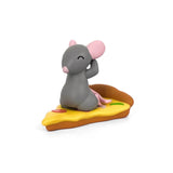 A gray mouse with pink ears and tail sits on cheese pizza, smiling with one paw raised—an adorable Pizza Rats — After Dark Blind Box collectible by 100% Soft.