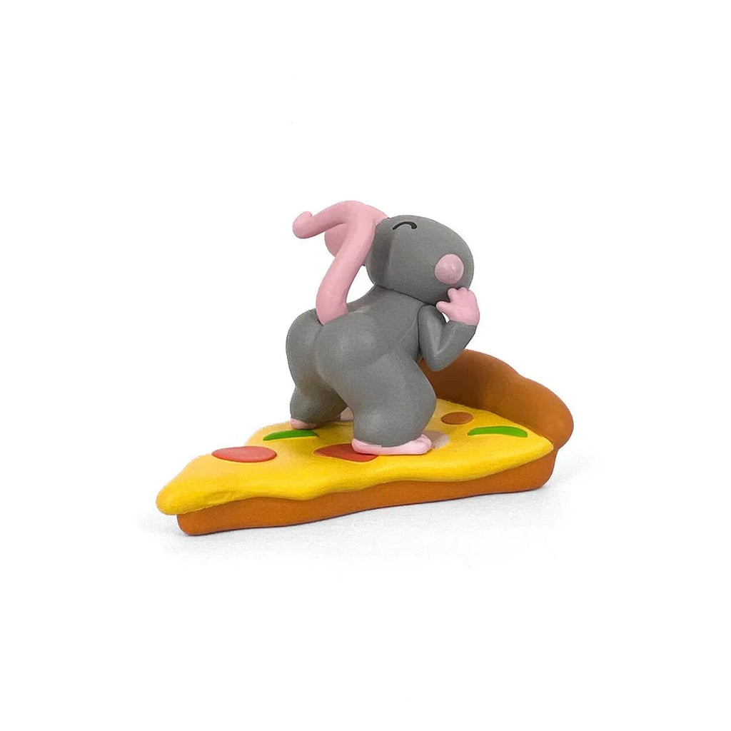 A small gray and pink Pizza Rats — After Dark Blind Box figurine by 100% Soft stands playfully on a cheesy pepperoni slice with thick crust, making this collectible a fun treat against a white background.