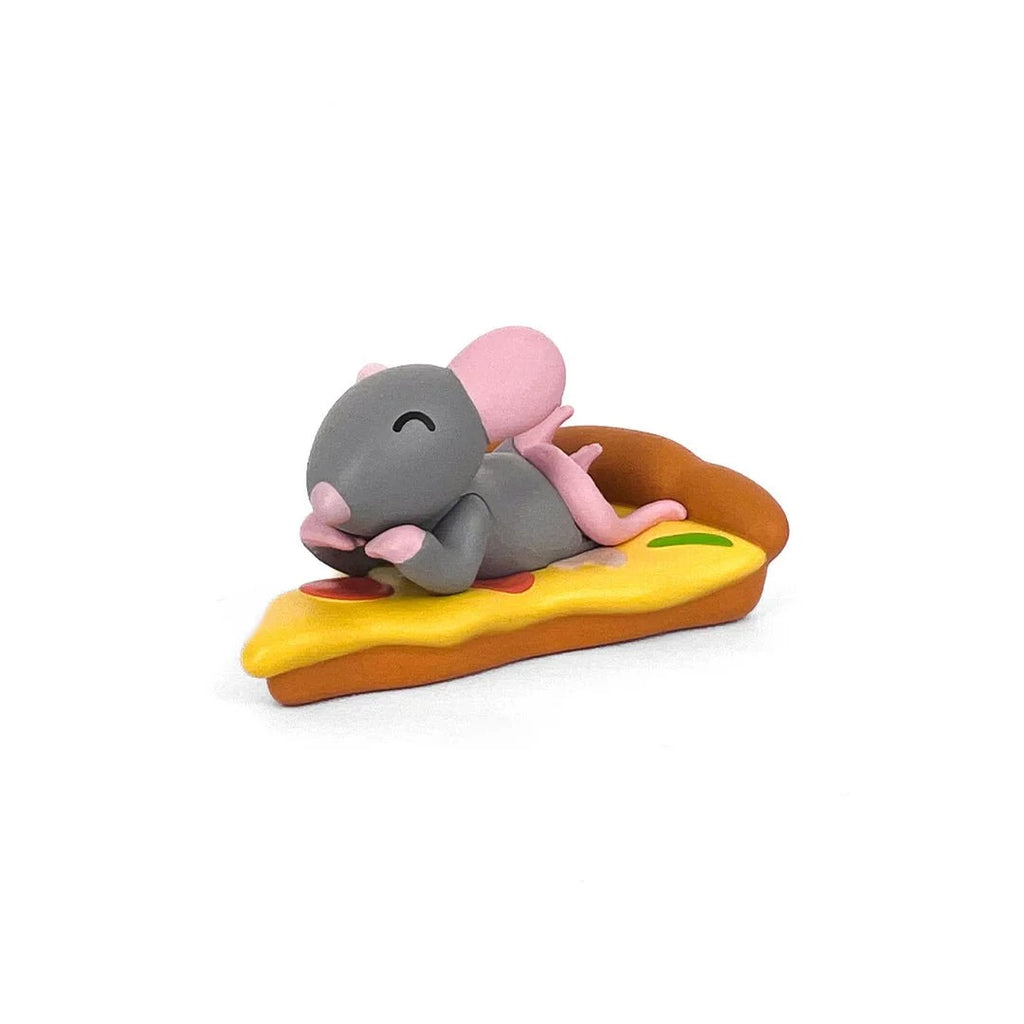 The 100% Soft Pizza Rats — After Dark Blind Box features a small gray and pink mouse figurine lying contentedly on a cheesy pizza slice—a must-have collectible for fans of fun, saucy figurines.