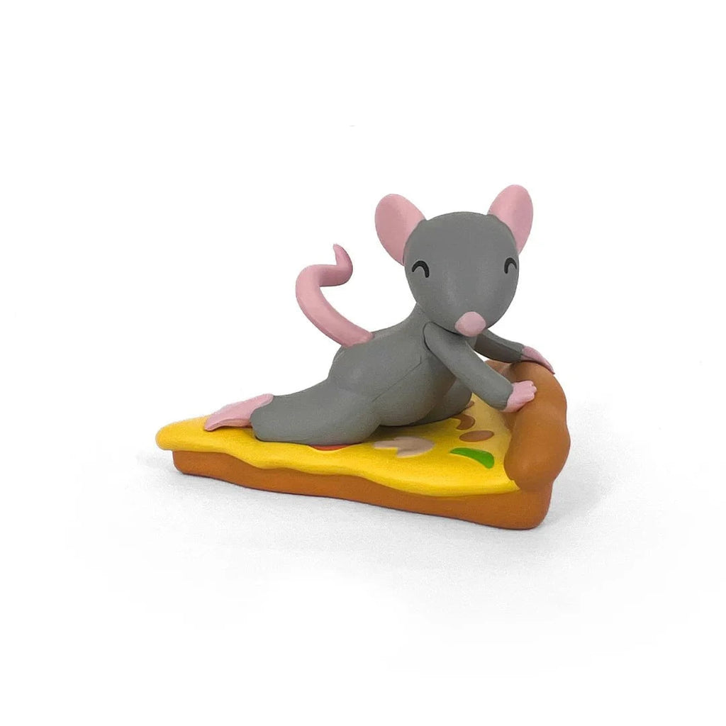 The 100% Soft Pizza Rats — After Dark Blind Box features a lounging gray cartoon mouse with pink ears and tail on a saucy pizza, making it a quirky collectible for fans of fun figurines.