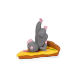 A small gray mole figurine lies on pizza with cheese, sauce, and toppings—one of the quirky collectibles from the 100% Soft Pizza Rats — After Dark Blind Box series—displayed on a white background.