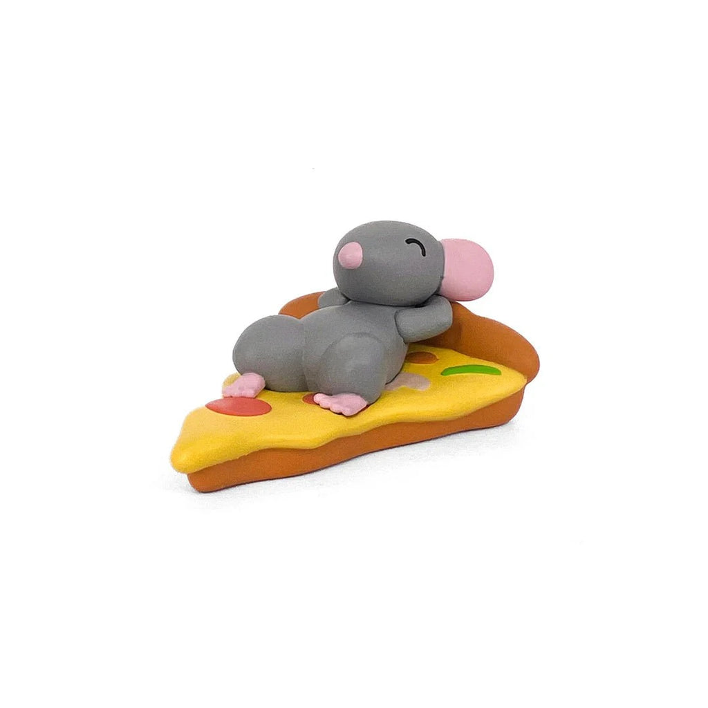 A small gray mouse figurine with pink ears and paws lounges on a slice of pizza, looking content—just one saucy collectible from the 100% Soft Pizza Rats — After Dark Blind Box series.