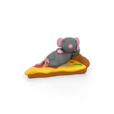 A gray cartoon mouse relaxes on a pizza slice—one of the saucy Pizza Rats — After Dark Blind Box collectible figurines by 100% Soft.