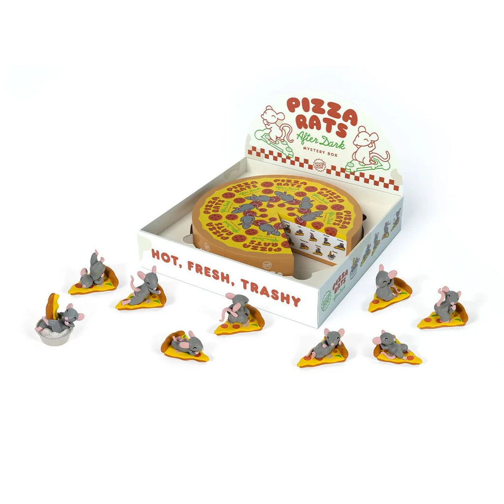 The Pizza Rats — After Dark Blind Box by 100% Soft is a pizza-themed collectible set featuring small rat figurines with pizza slices, all in a mystery pizza box.