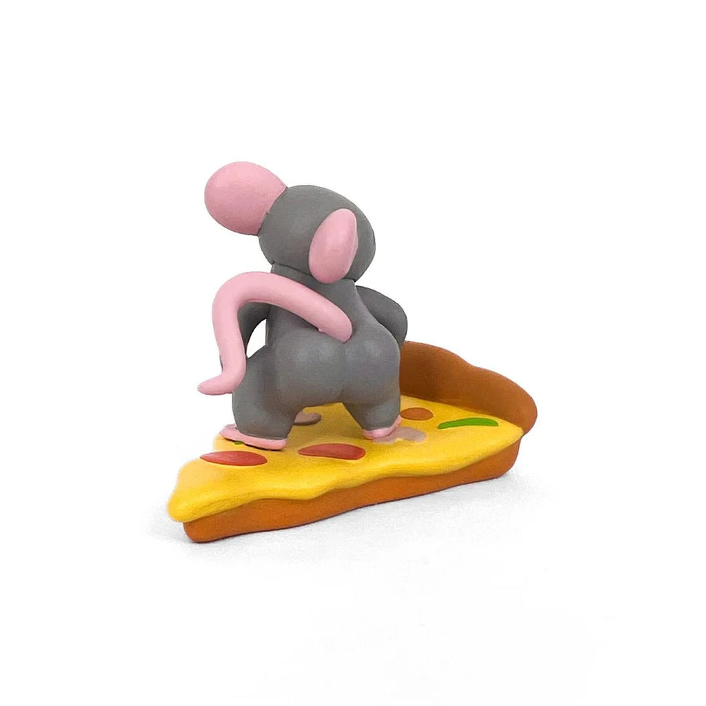A gray and pink cartoon mouse from 100% Soft’s Pizza Rats — After Dark Blind Box stands on a cheesy pizza slice, viewed from behind—a playful collectible figure against a white background.