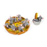 A set of six gray and pink Pizza Rats from 100% Soft lounge on a pizza, with another in a teacup. The Pizza Rats — After Dark Blind Box is perfect for any fan or collector of quirky figurines.