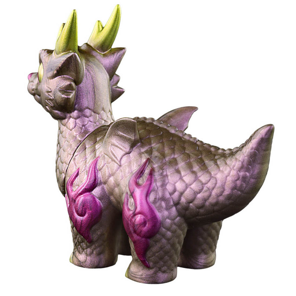 A small Ryudora — Rose Gold dragon figurine by Konatsuya (JP), purple with green horns and pink flame patterns, stands on four legs facing left.