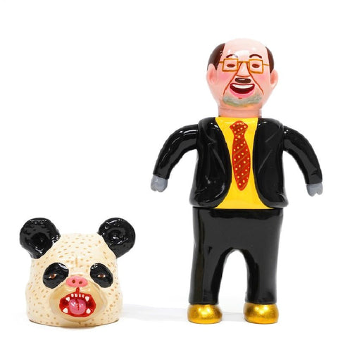 A figurine in a suit with a yellow shirt and red tie stands next to a separate panda bear head figure from the About Animals Satoshi Yamamoto — Panda 1st Version by Paradise Toy (TW).
