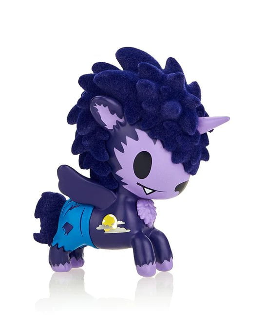 A plush Unicorno toy with purple hair and blue eyes from the tokidoki After Dark unicorno Series 4 - Blind Box.