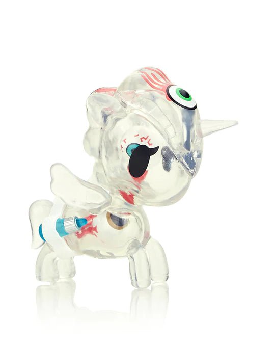A small After Dark unicorno Series 4 - Blind Box toy unicorn from the tokidoki brand with one blue eye.