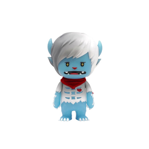 Nick — Aurora Adventure by The Little Hut features a charming blue cartoon yeti with white hair, fangs, yellow eyes, and a red scarf on a white background—an ideal piece for quirky home decor.
