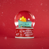 The 100% Soft Dumpster Fire Snow Globe features a blue dumpster with yellow flames on a red base reading 