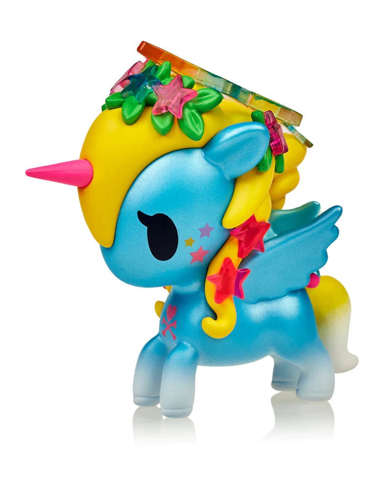 A blue and yellow Star Fairy & Twinkle Unicorno toy with flowers on its head, perfect for Spring by tokidoki.